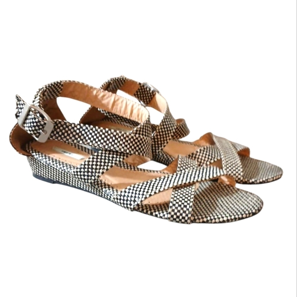 Anthropologie Black and White Checkered Strappy Sandals Short Wedge Sandal Sz 9